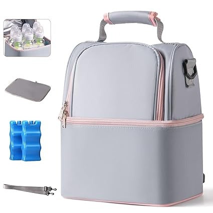 NCVI Breastmilk Cooler Bag with 2 Ice Pack, Breast Pump Bag with Cooler Fits 6 Bottles, Double Layer Breast Milk Travel Bag Baby Bottle, for Travel, Nursing Mom Daycare, Work, Picnic
