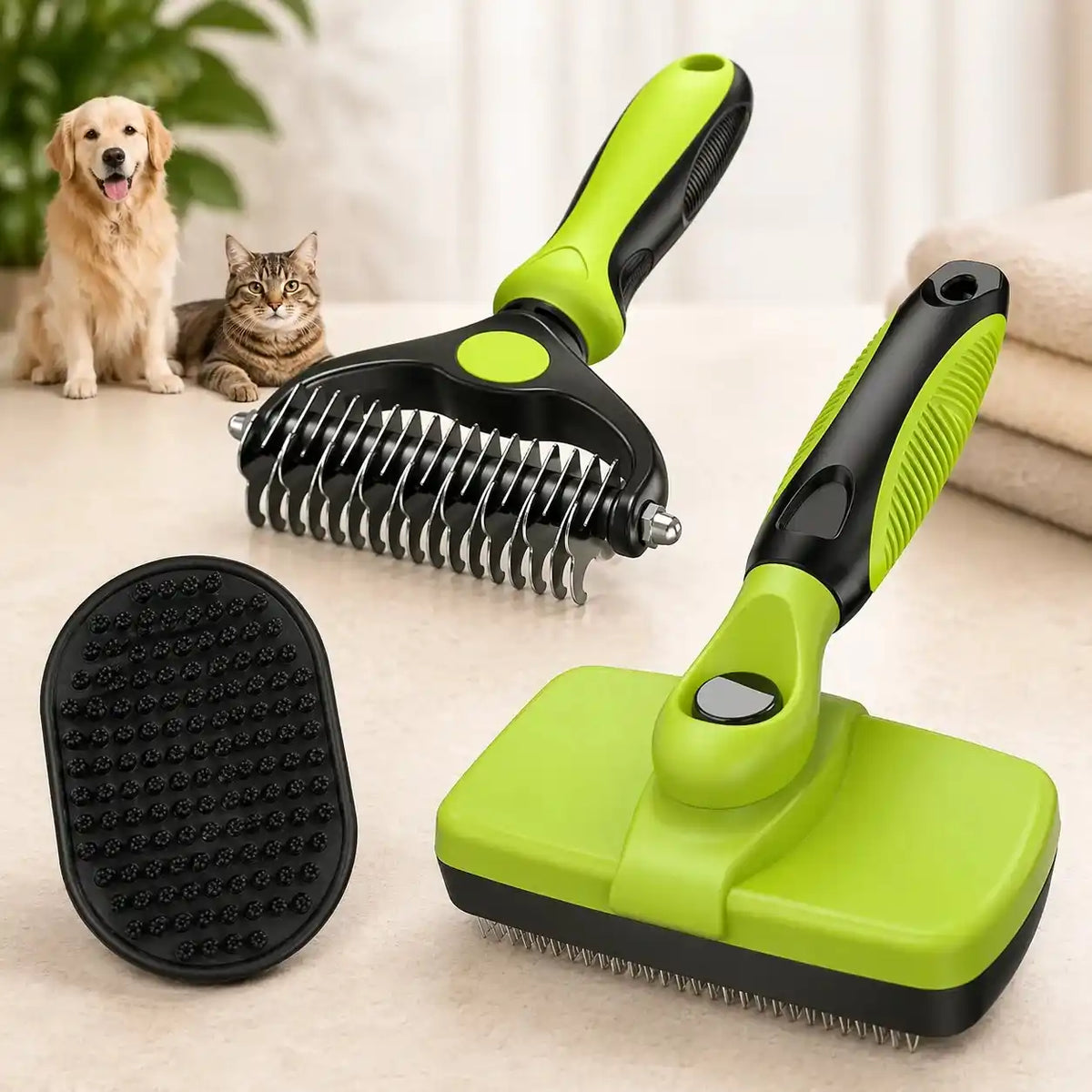 Self-cleaning slicker brush with retractable fine stainless steel bristles and an ergonomic non-slip blue handle for dog and cat grooming.