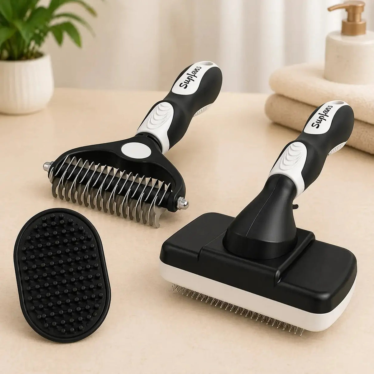 3PCS Self Cleaning Dog & Cat Slicker Brush – Dematting Rake & Bath Brush Grooming Set
