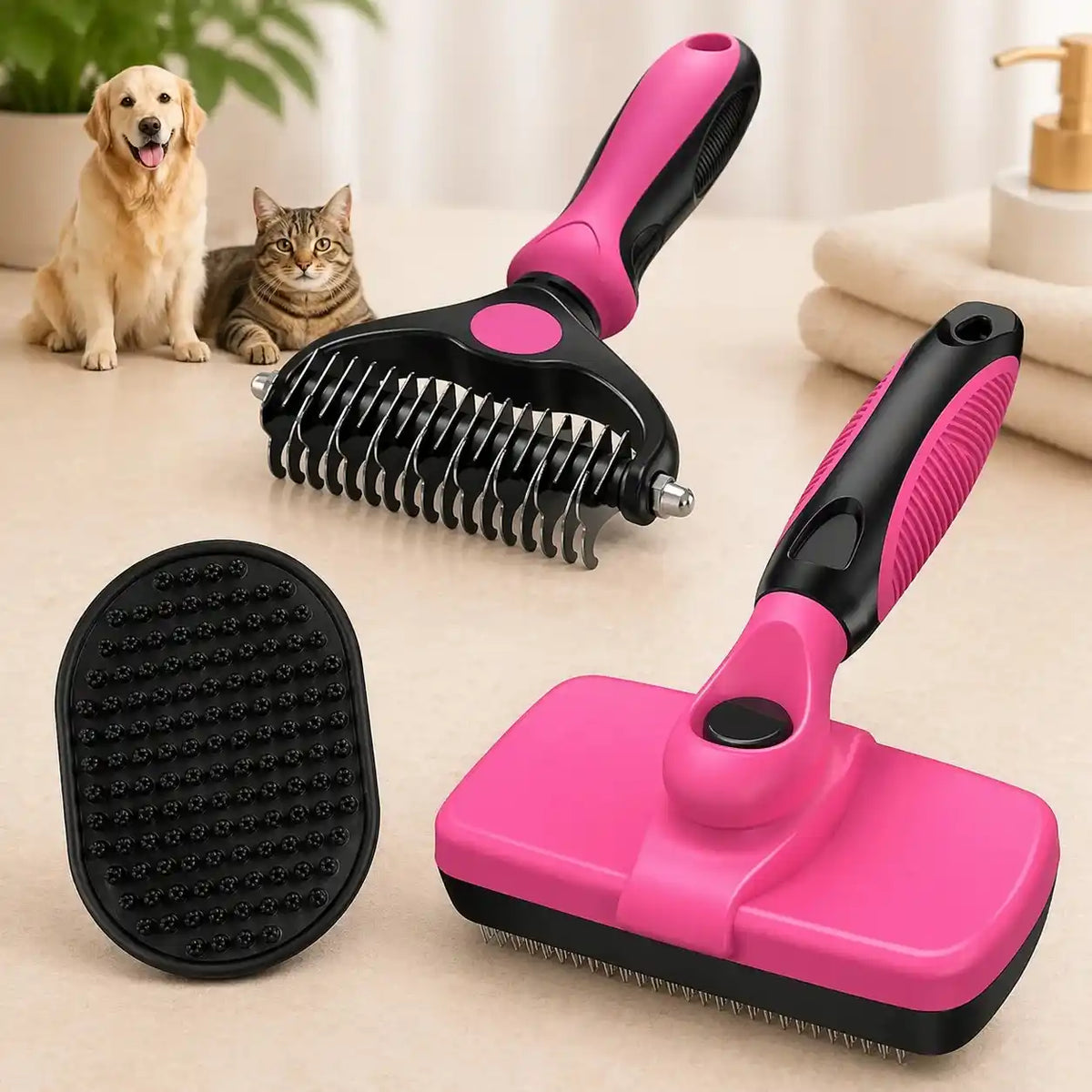 3PCS Self Cleaning Dog & Cat Slicker Brush – Dematting Rake & Bath Brush Grooming Set