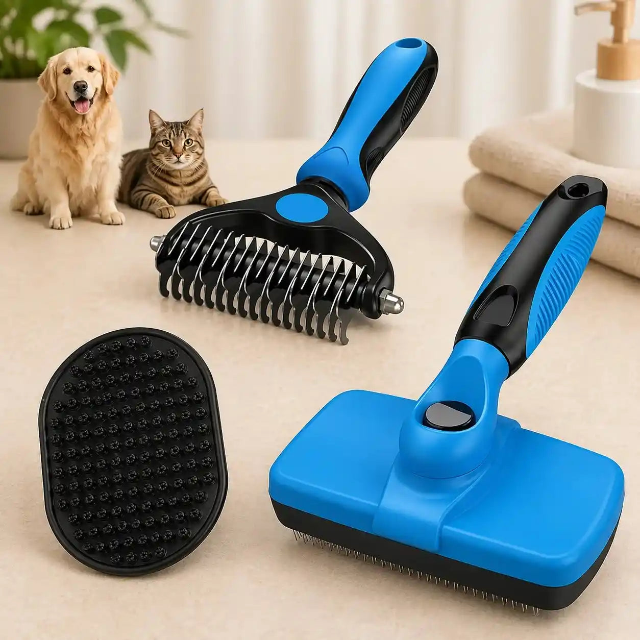 3PCS Self Cleaning Dog & Cat Slicker Brush – Dematting Rake & Bath Brush Grooming Set