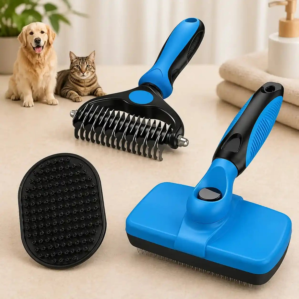 3PCS Self Cleaning Dog & Cat Slicker Brush – Dematting Rake & Bath Brush Grooming Set