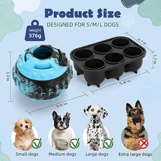 Size chart for the dog treat puzzle ball toy showing its parts and suitability for small, medium and large dogs