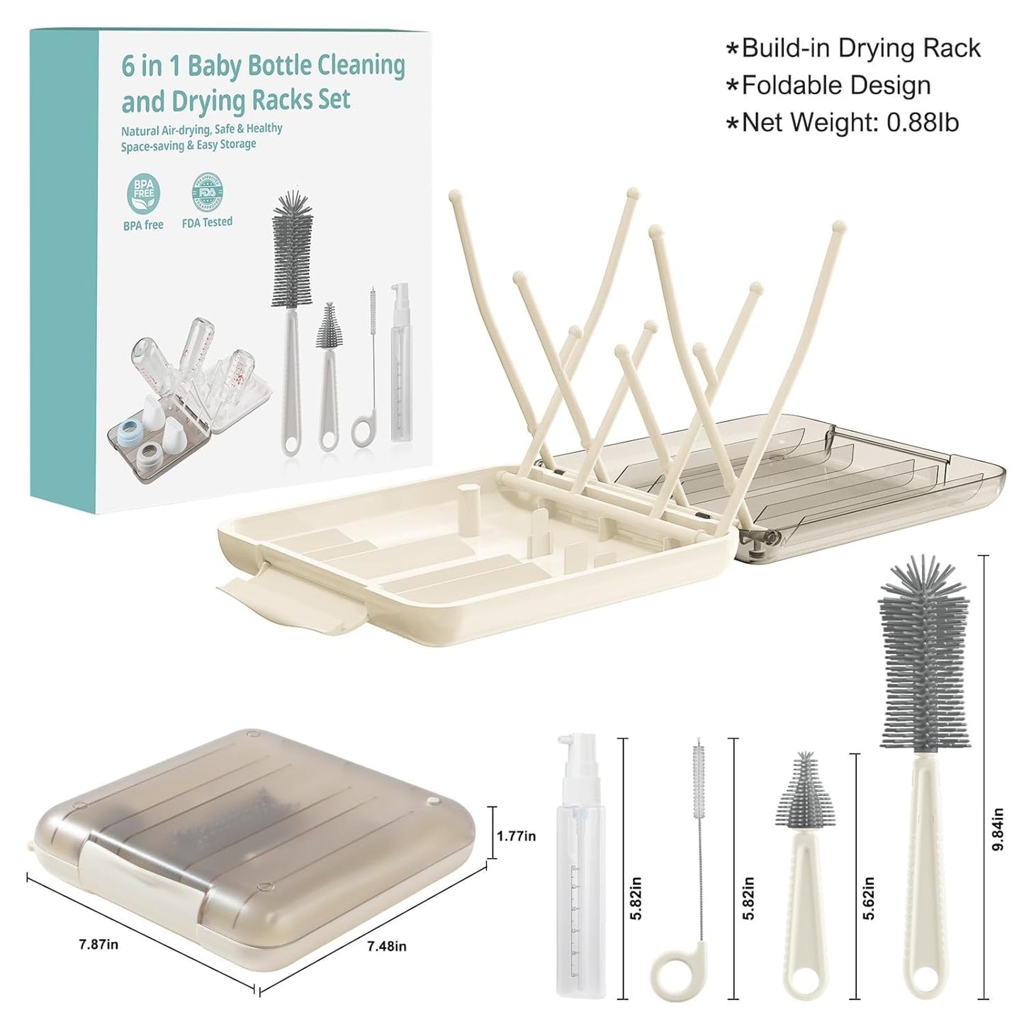 6 in 1 Baby Bottle Cleaner Set with Drying Rack (White)