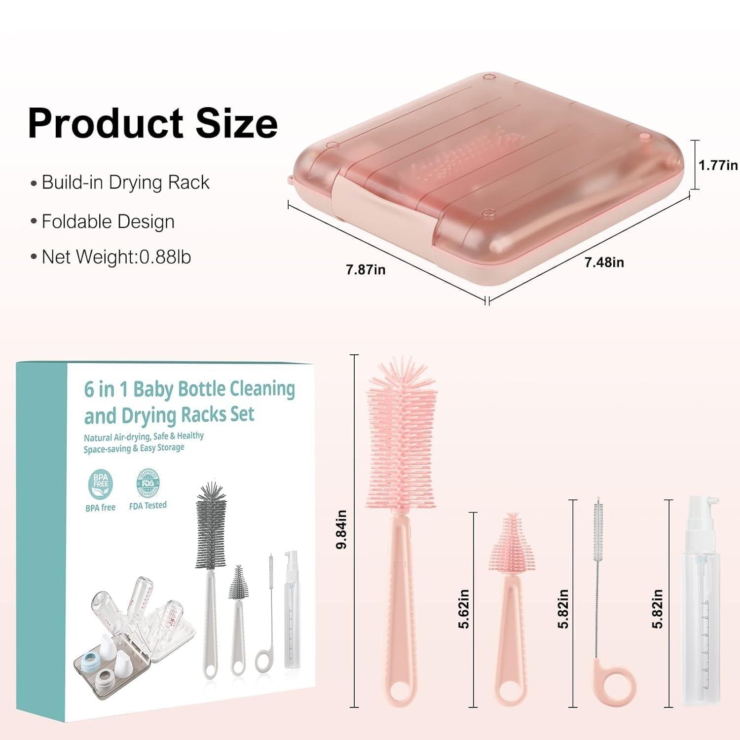 Baby Bottle Cleaner Set with Drying Rack (Pink)2