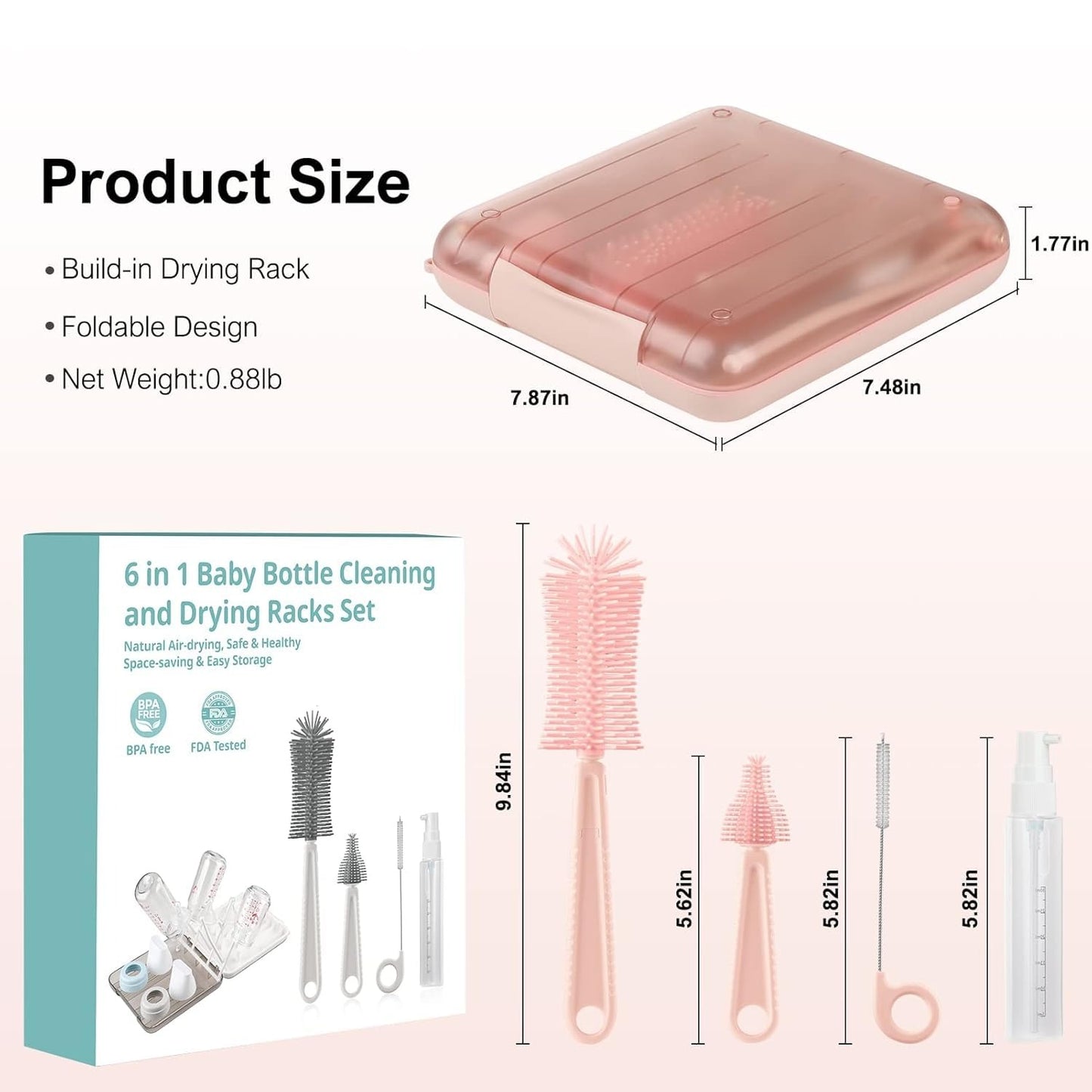 Baby Bottle Cleaner Set with Drying Rack (Pink)2