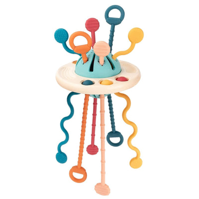 TOYDEN Proudly Made in India UFO Creative Sensory MontessoriFood Grade Silicon Pull String Toy for Teething | Travel-Friendly, Food-Grade Silicone, Perfect for 6+ Months | Multicolor