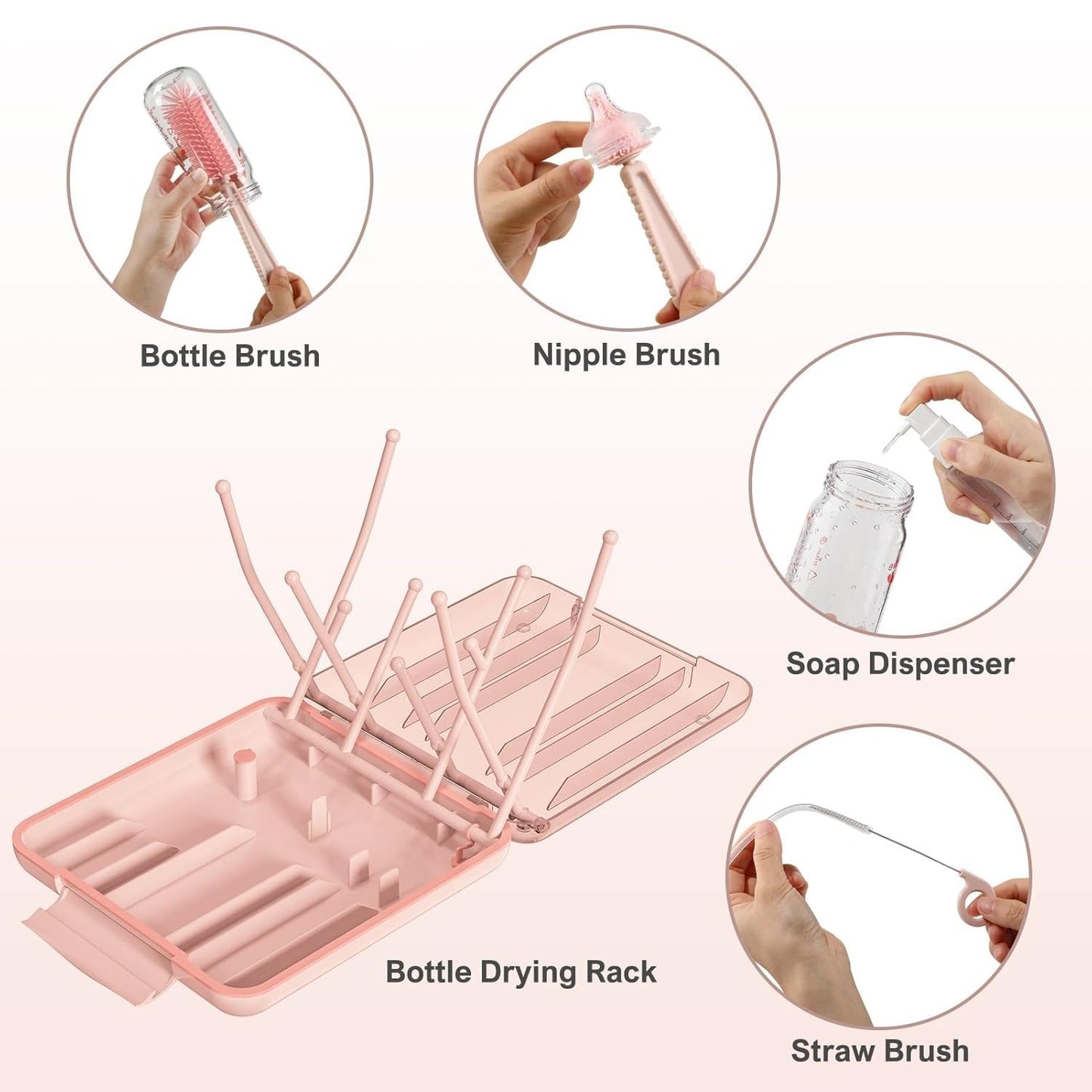 Baby Bottle Cleaner Set with Drying Rack (Pink)3