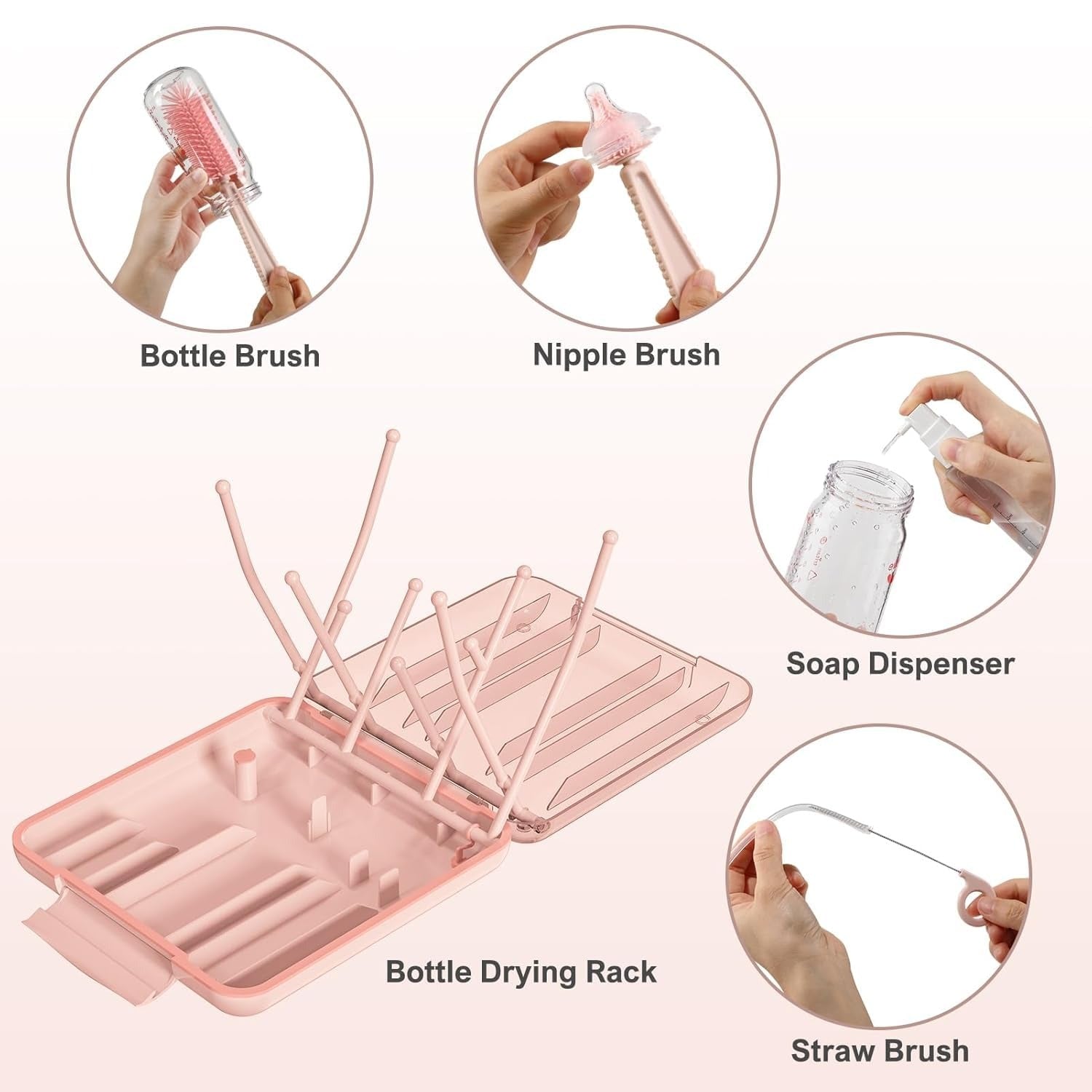 Baby Bottle Cleaner Set with Drying Rack (Pink)3