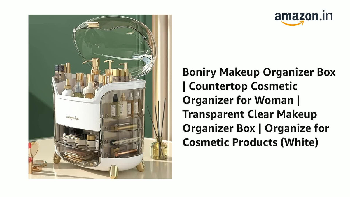 Boniry Makeup Organizer Box | Countertop Cosmetic Organizer for Woman | Transparent Clear Makeup Organizer Box | Organize for Cosmetic Products (White)