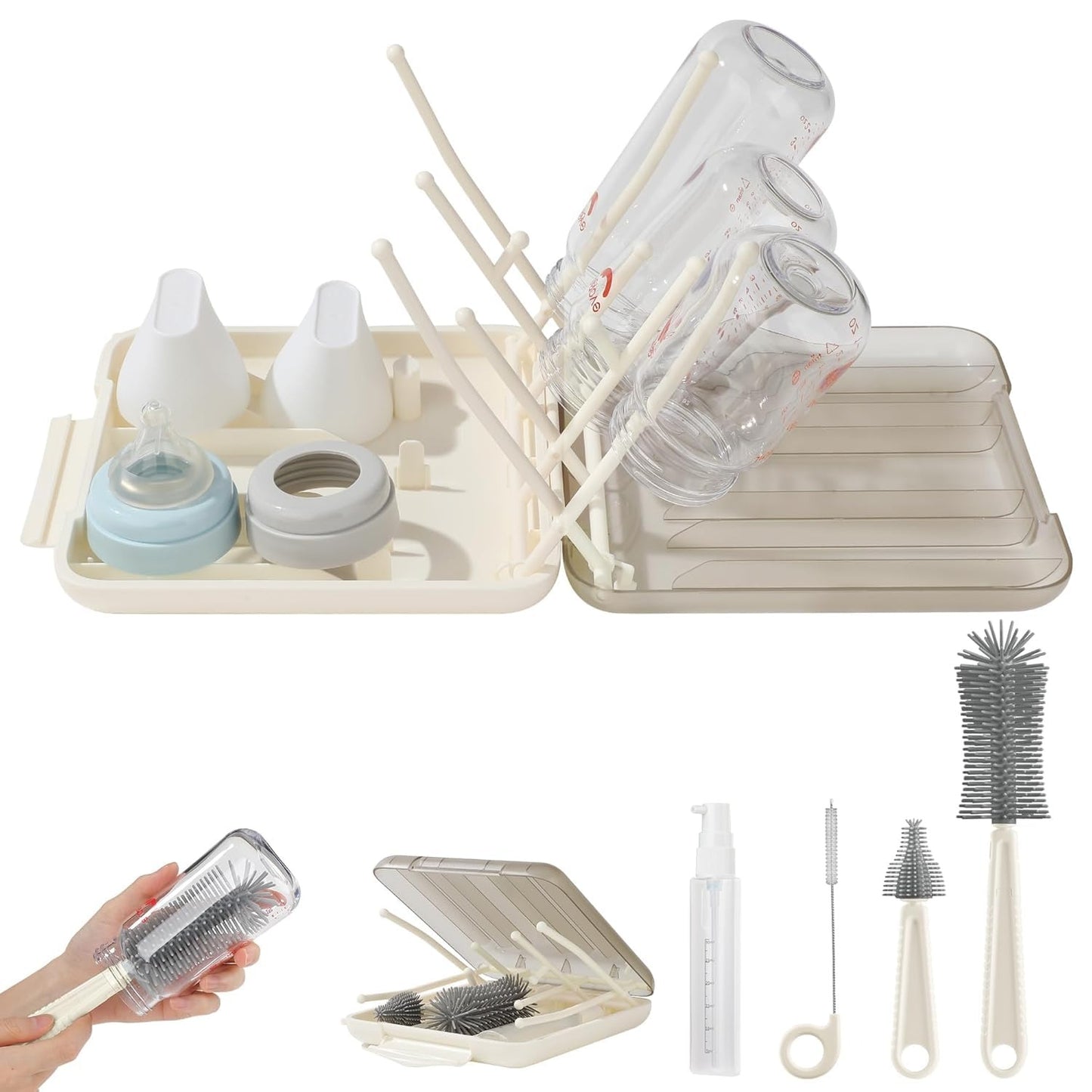 6 in 1 Baby Bottle Cleaner Set with Drying Rack (White)