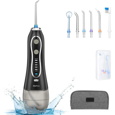 H2ofloss Water Flosser Portable Dental Oral Irrigator with 5 Modes, 6 Replaceable Jet Tips, Rechargeable Waterproof Teeth Cleaner for Home and Travel -300ml Detachable Reservoir Black (Black)