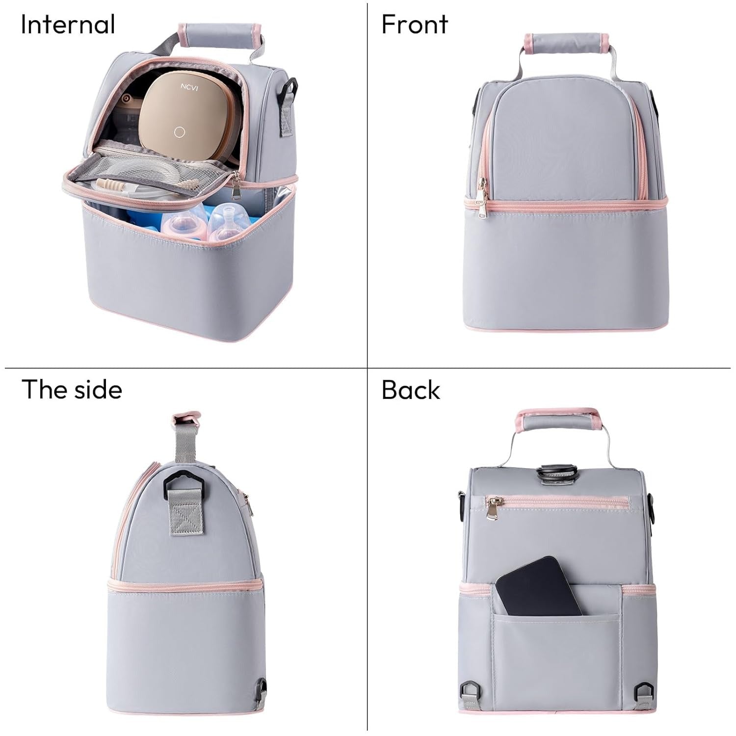 Breastmilk Cooler Bag with Ice Pack-Double Layer Fits 6 Bottles grey3