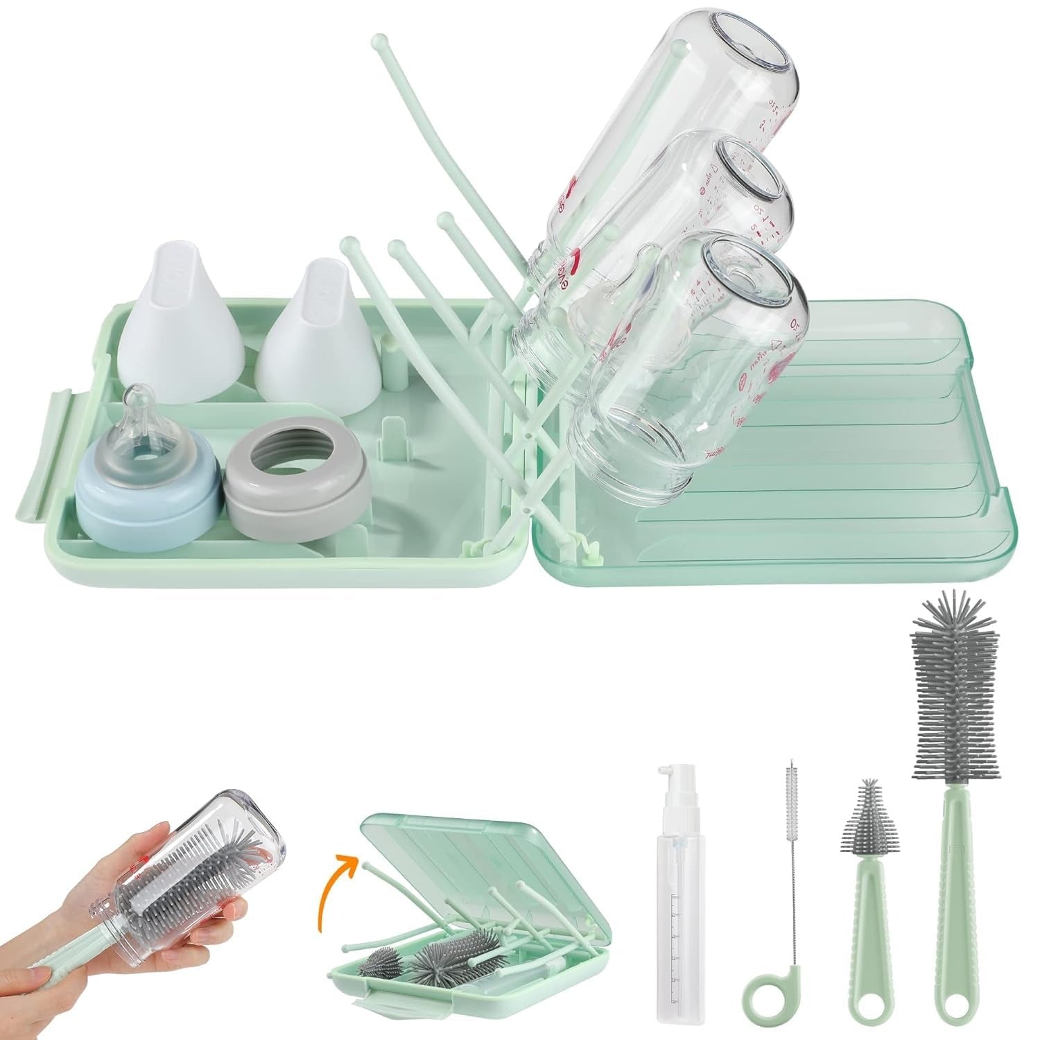 Baby Bottle Cleaner Set with Drying Rack (Green)1