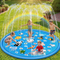 Children playing safely on a blue circular splash pad with integrated water sprinklers in a backyard setting.