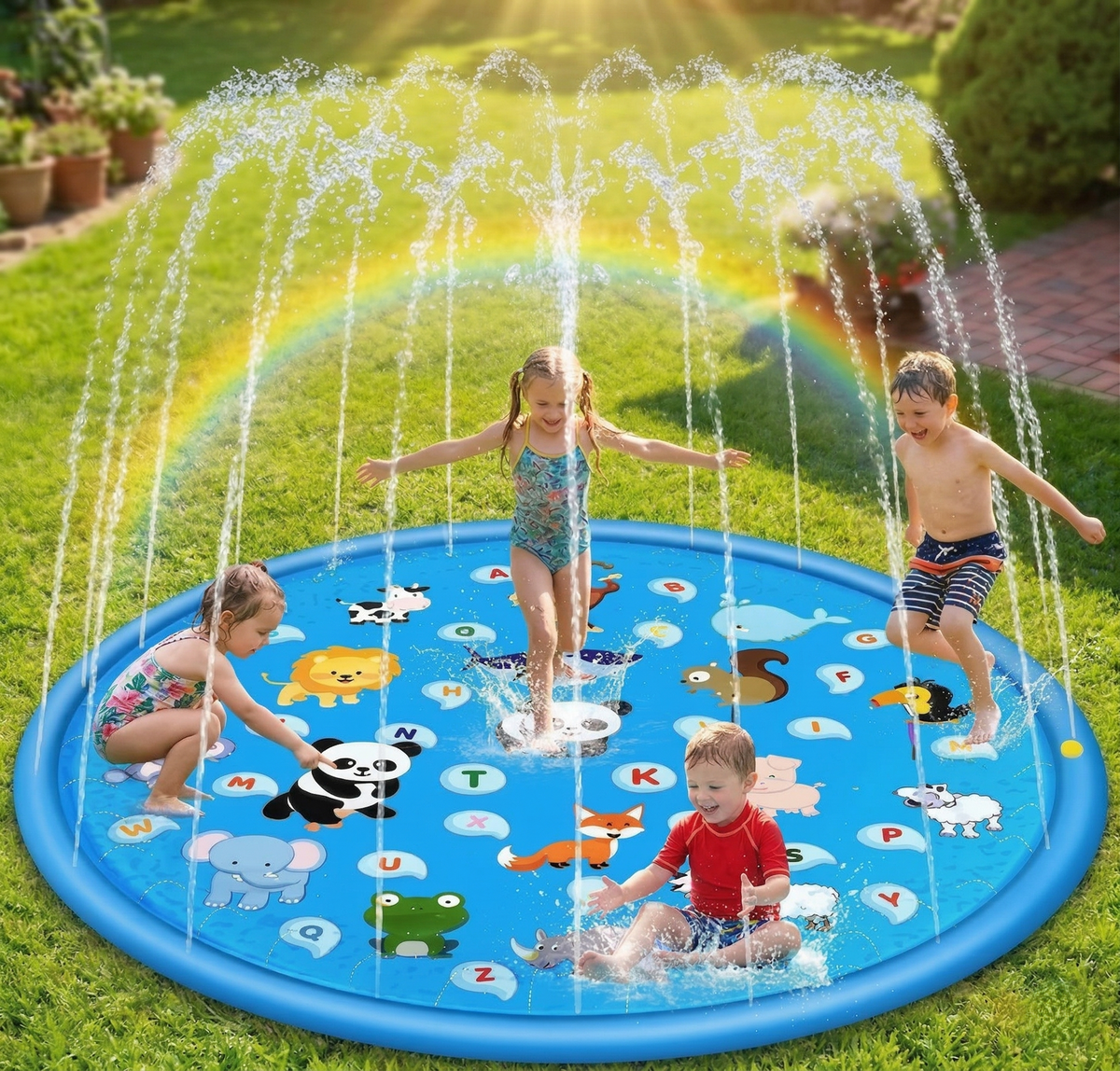 Children playing safely on a blue circular splash pad with integrated water sprinklers in a backyard setting.