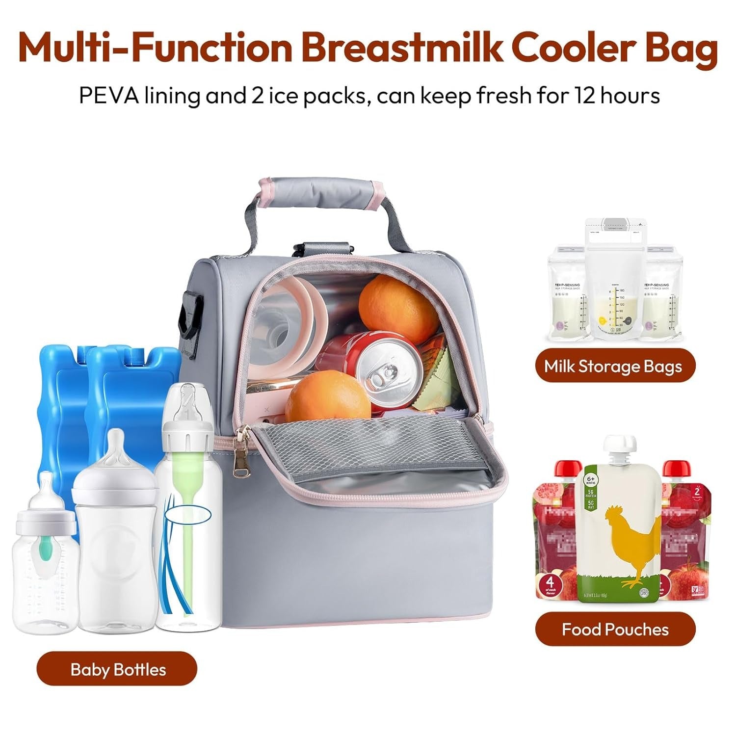 Breastmilk Cooler Bag with Ice Pack-Double Layer Fits 6 Bottles grey6