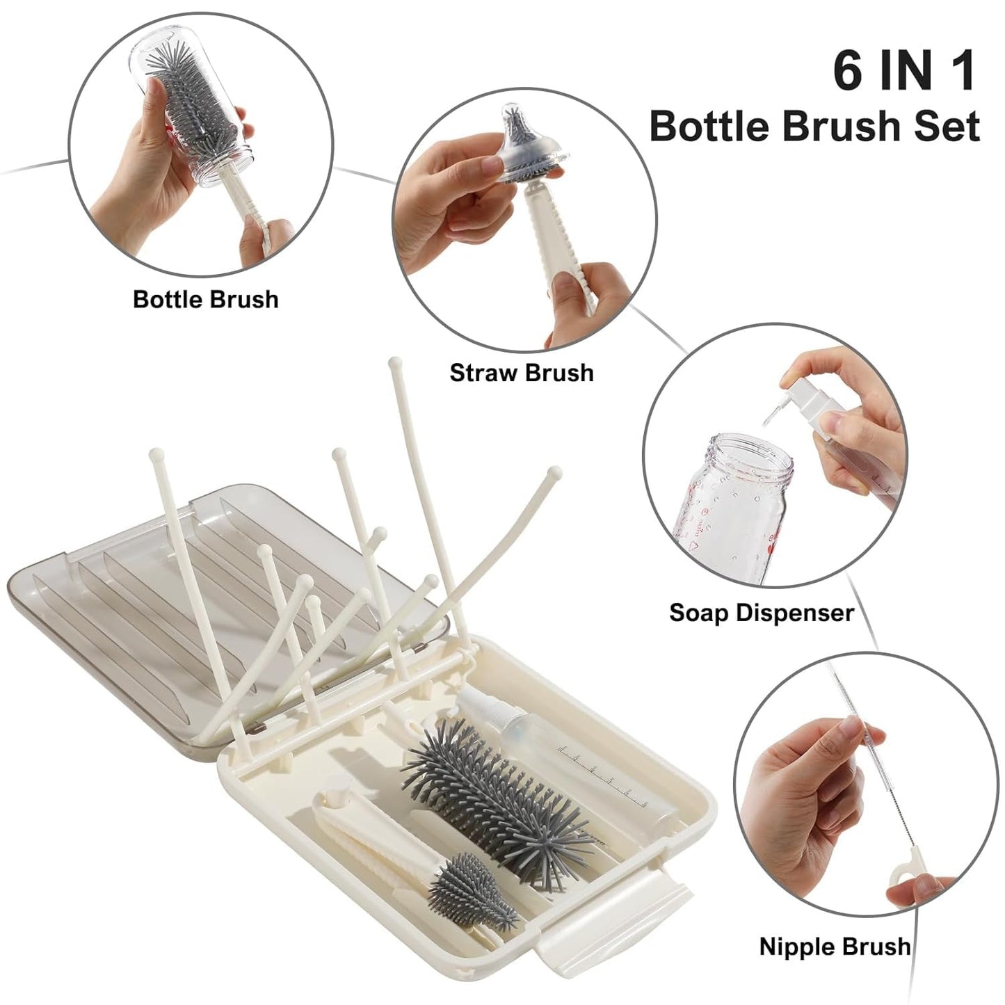 6 in 1 Baby Bottle Cleaner Set with Drying Rack (White)