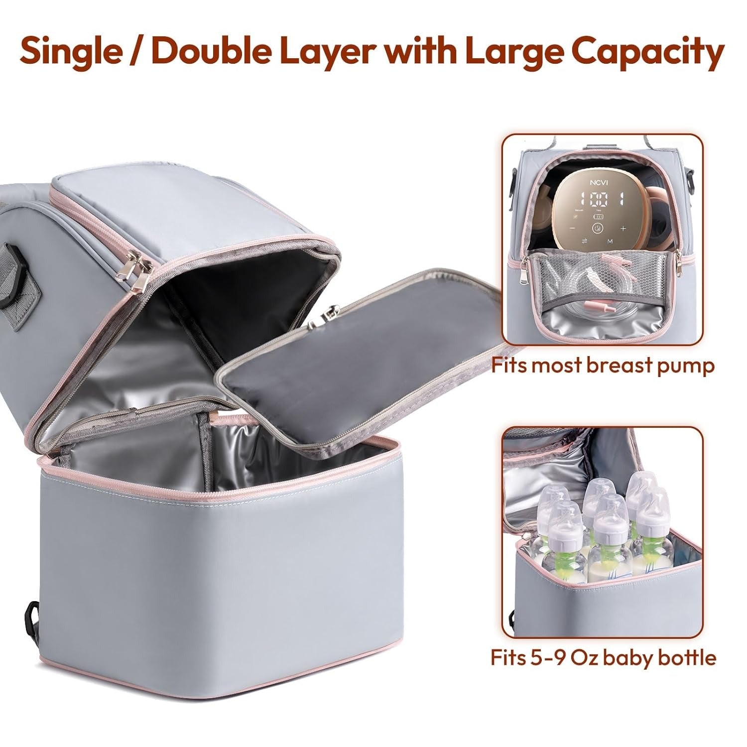 Breastmilk Cooler Bag with Ice Pack-Double Layer Fits 6 Bottles grey2