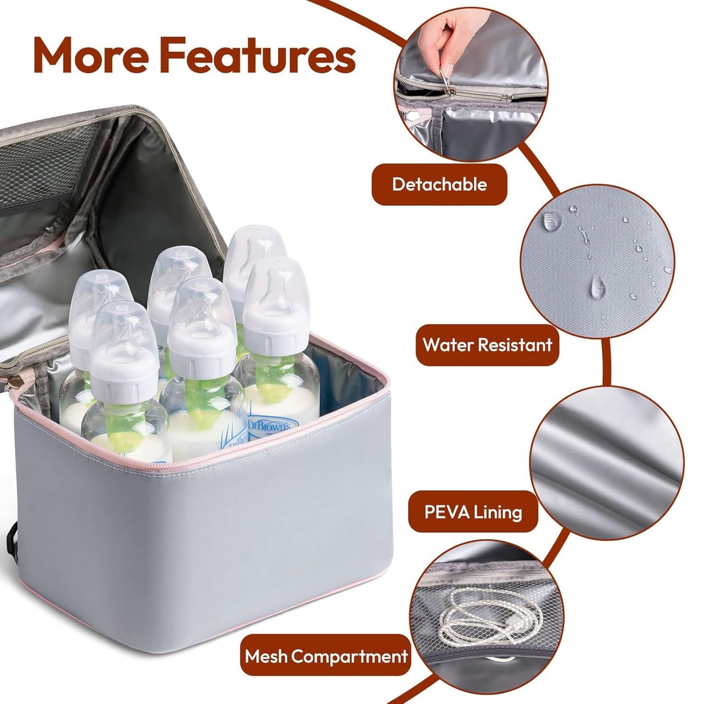Breastmilk Cooler Bag with Ice Pack-Double Layer Fits 6 Bottles grey1