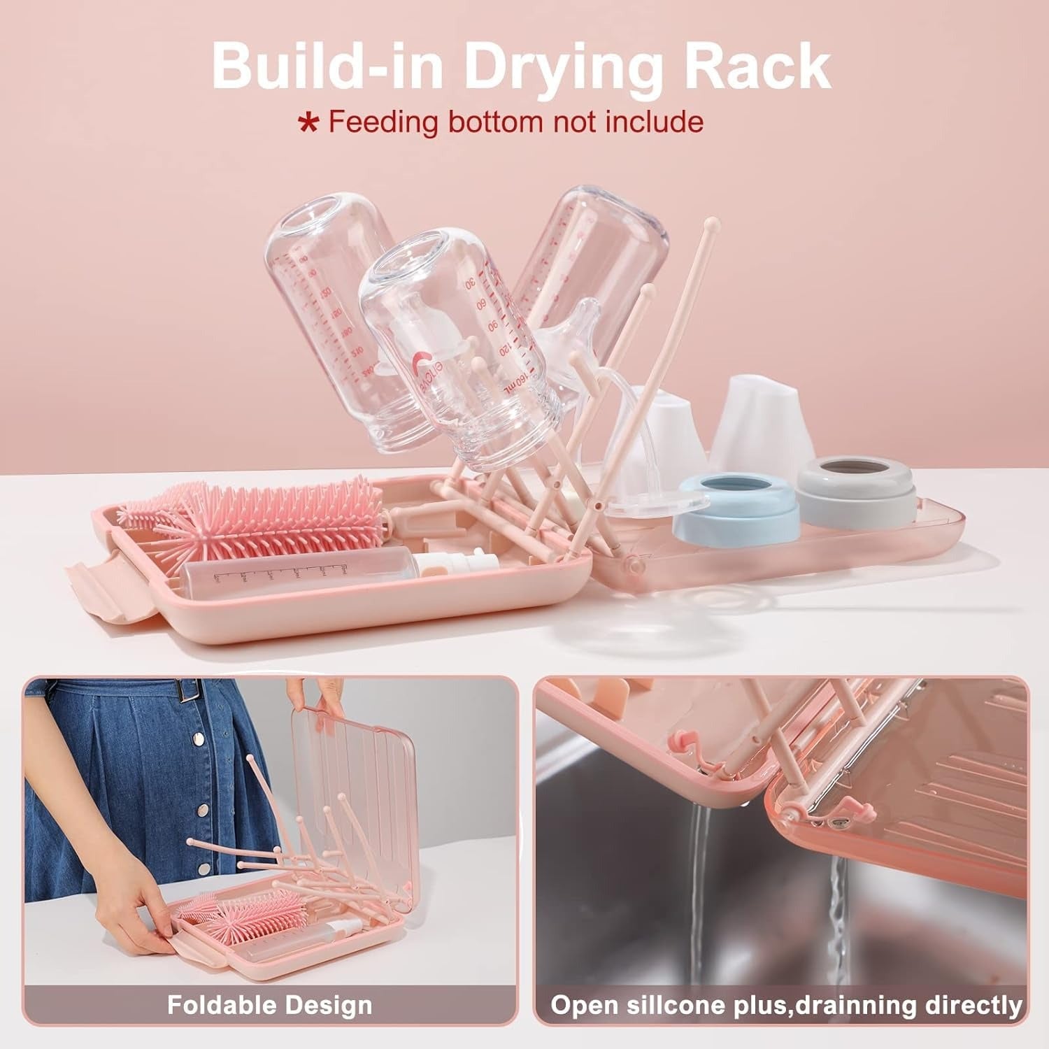 Baby Bottle Cleaner Set with Drying Rack (Pink)4