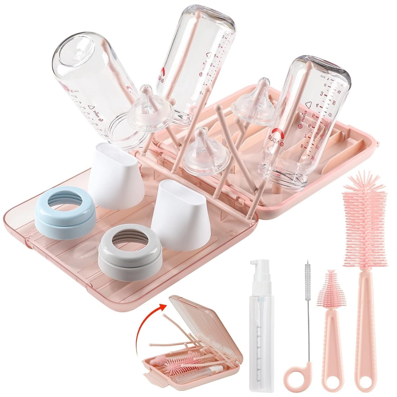 Baby Bottle Cleaner Set with Drying Rack (Pink)5