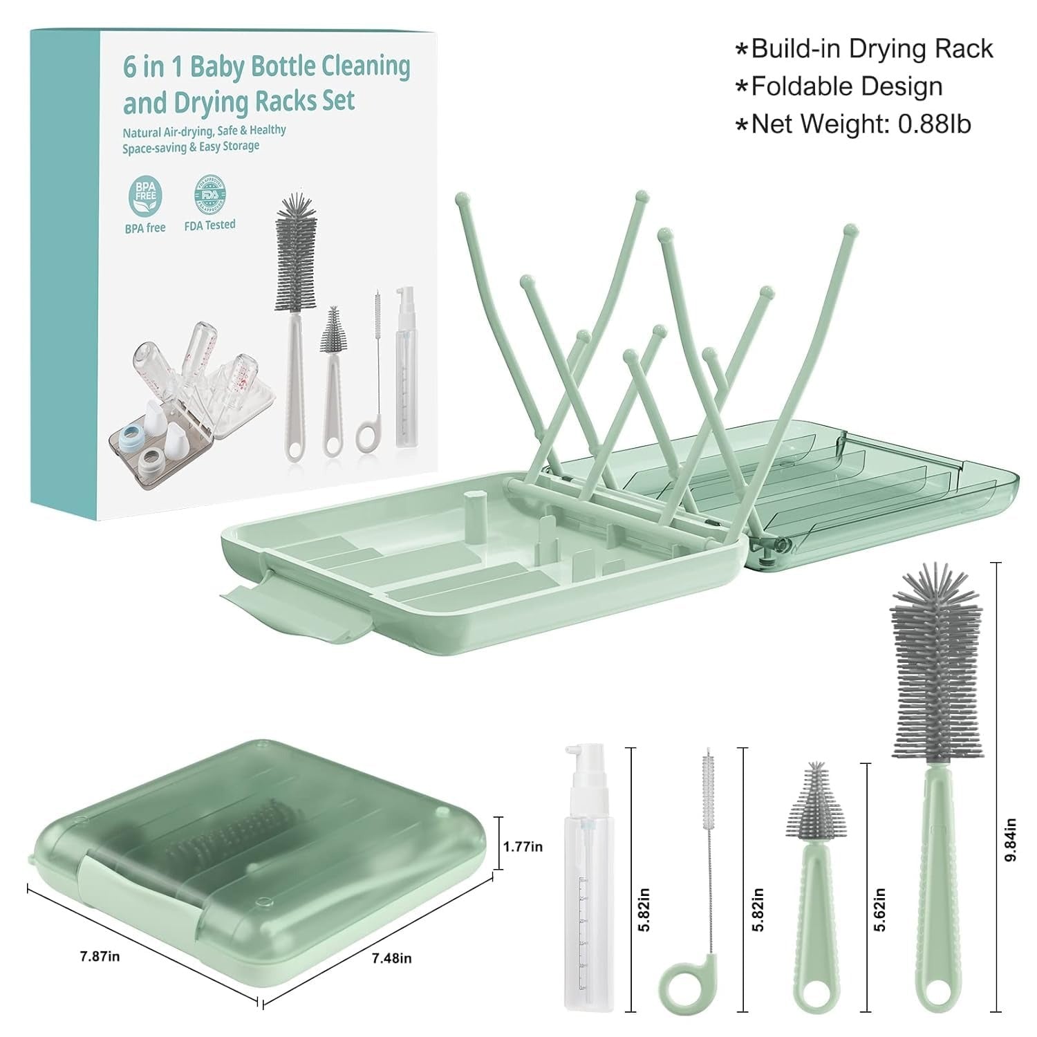Baby Bottle Cleaner Set with Drying Rack (Green)5