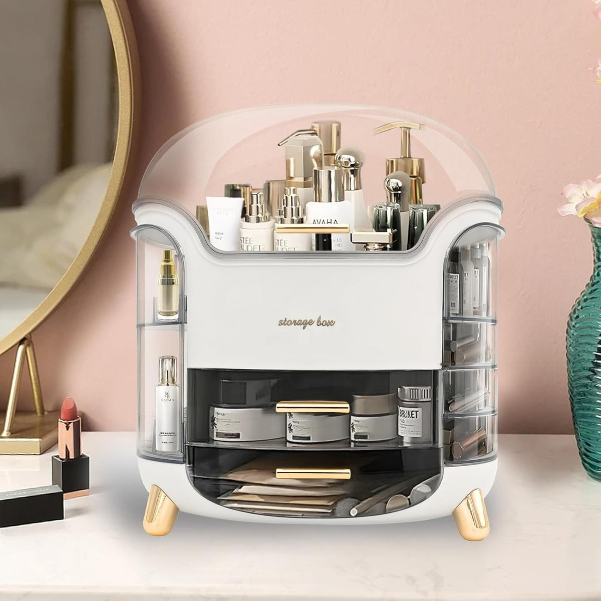 Boniry Makeup Organizer Box | Countertop Cosmetic Organizer for Woman | Transparent Clear Makeup Organizer Box | Organize for Cosmetic Products (White)