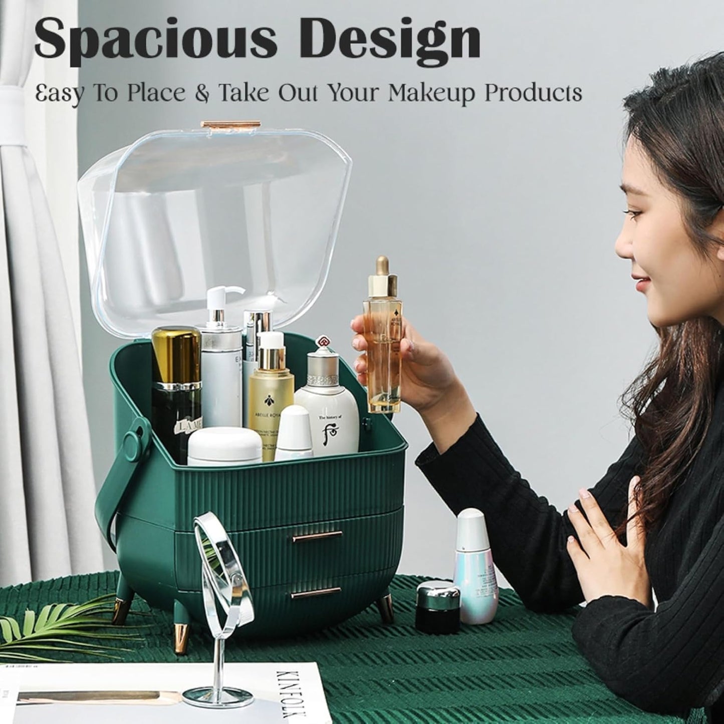 ALOXE Cute Makeup Cosmetics Organizer Box With Drawer Storage|Plastic Storage Organizer Box For Women(Green)