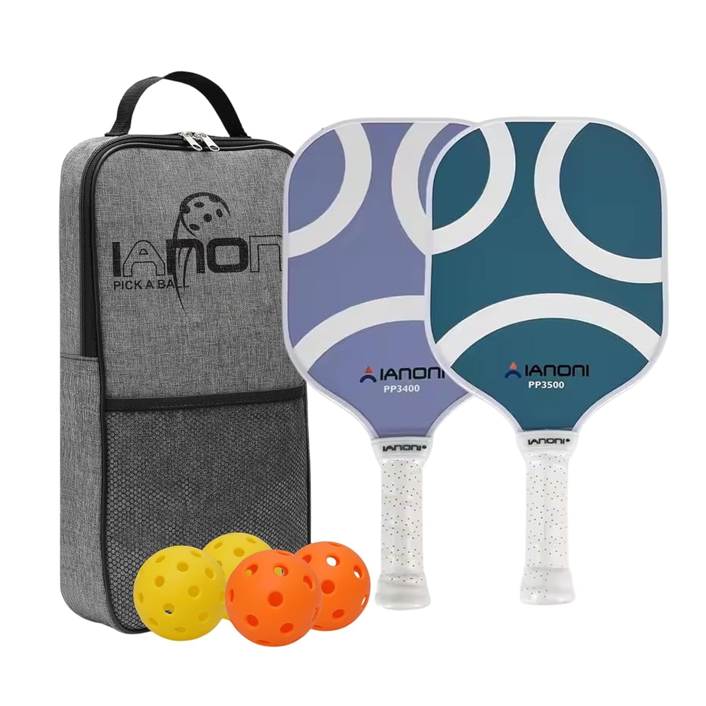 ianoni Pickleball Paddle Set – USAPA Approved Carbon Fiber Pickle Ball Rackets for Pros, Lightweight Graphite & Carbon Fiber Paddles with Honeycomb Core, 2 Padels, 4 Balls & Carry Bag (PR3400/3500)