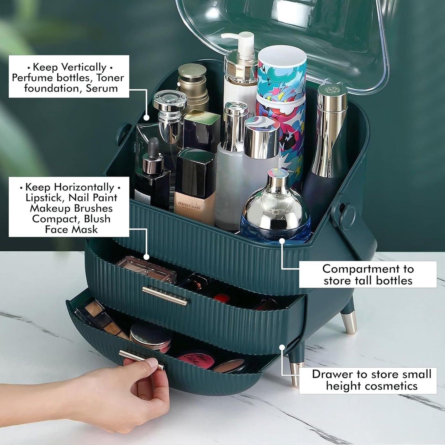 ALOXE Cute Makeup Cosmetics Organizer Box With Drawer Storage|Plastic Storage Organizer Box For Women(Green)