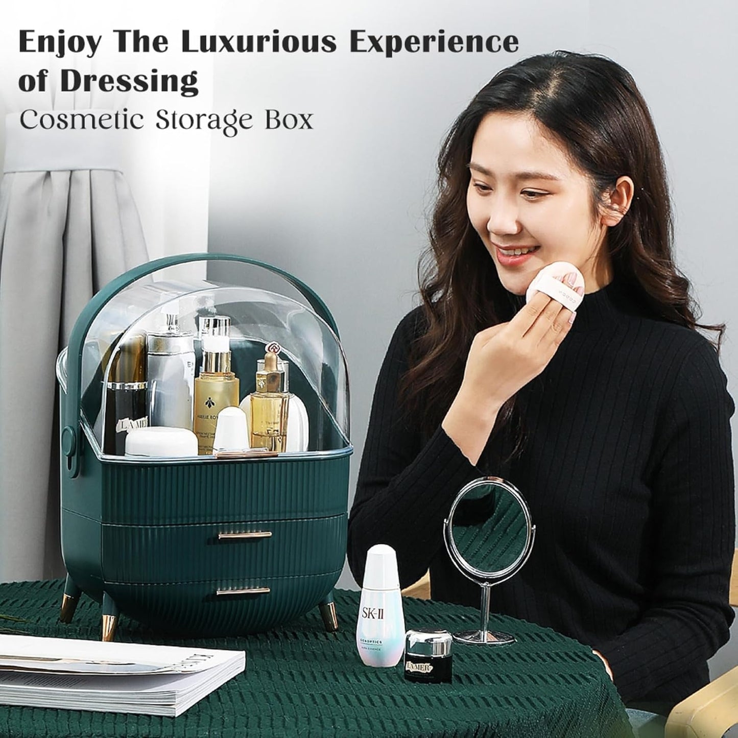 ALOXE Cute Makeup Cosmetics Organizer Box With Drawer Storage|Plastic Storage Organizer Box For Women(Green)