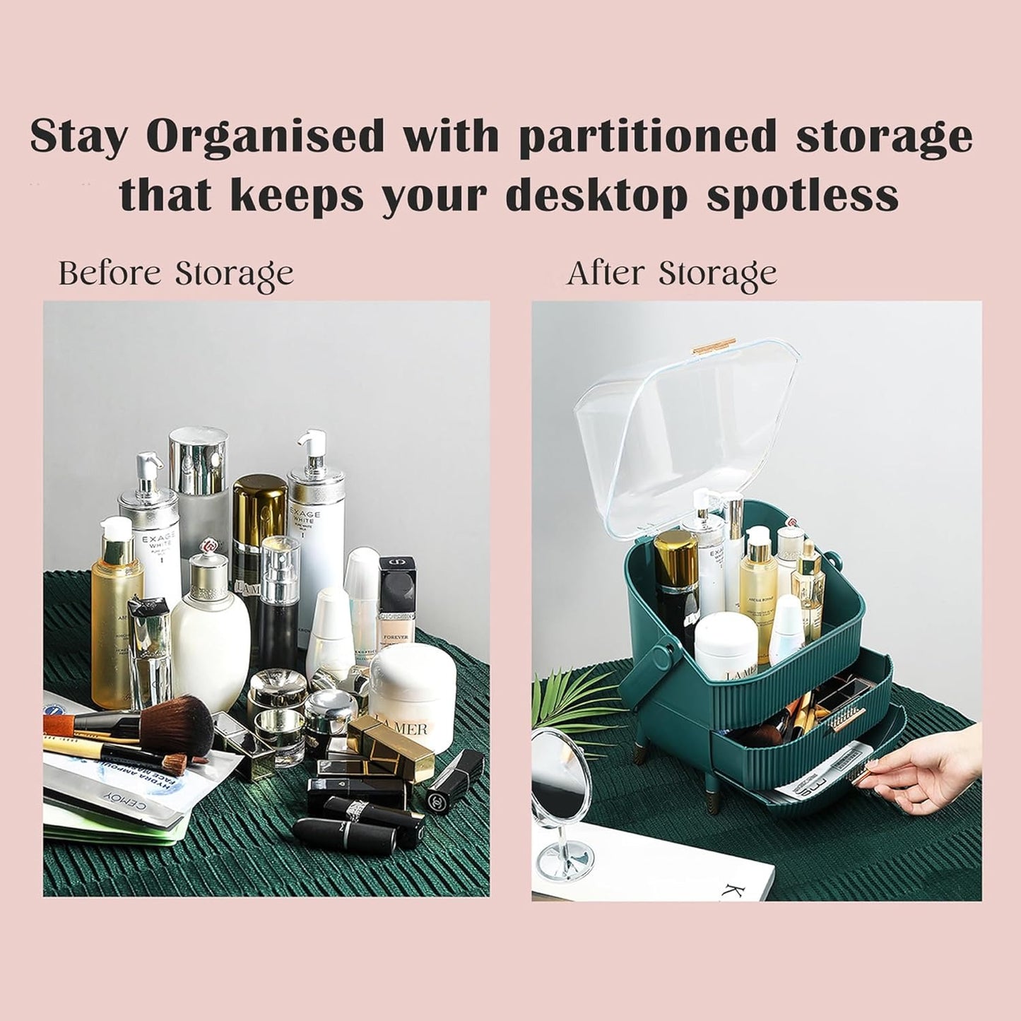 ALOXE Cute Makeup Cosmetics Organizer Box With Drawer Storage|Plastic Storage Organizer Box For Women(Green)