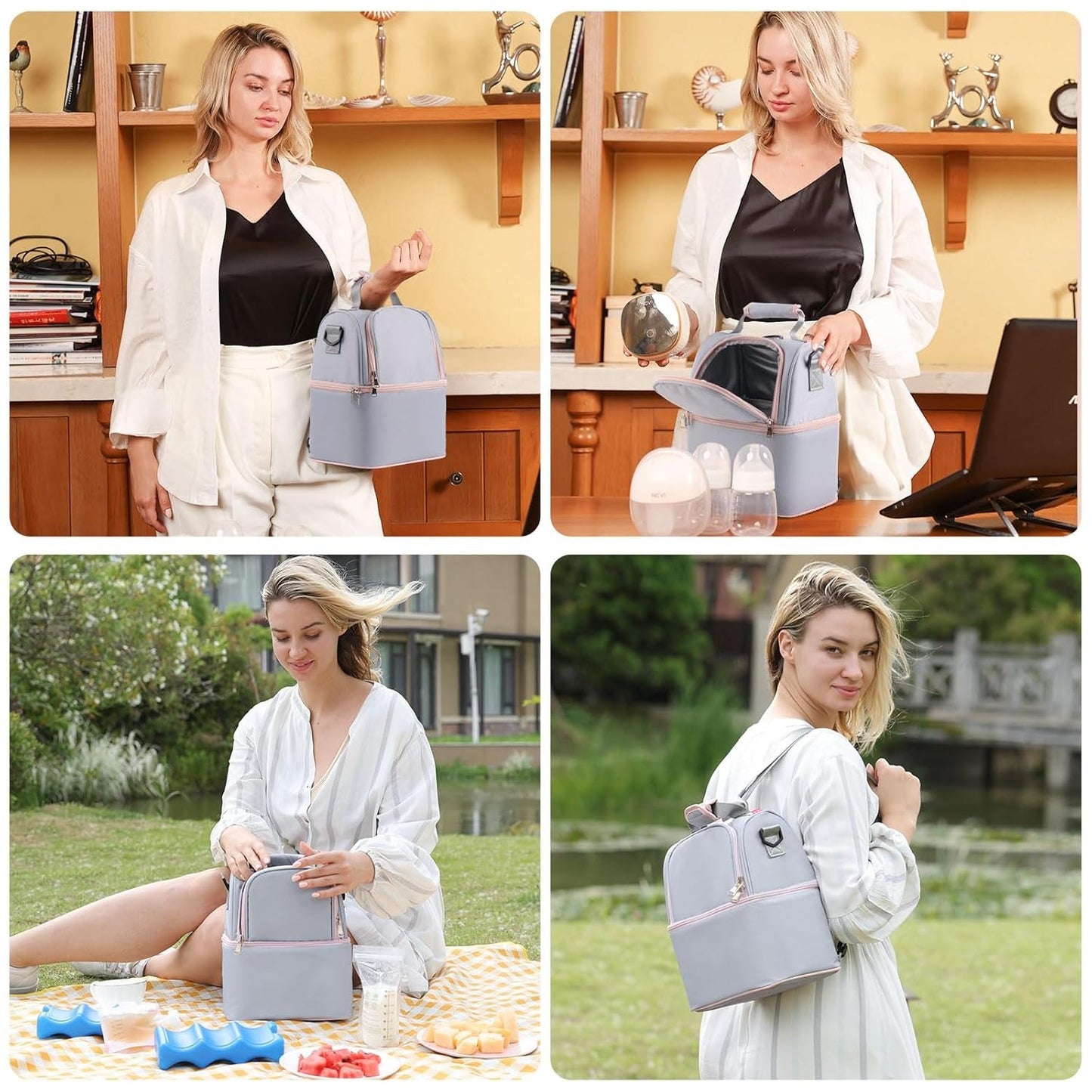Breastmilk Cooler Bag with Ice Pack-Double Layer Fits 6 Bottles grey8