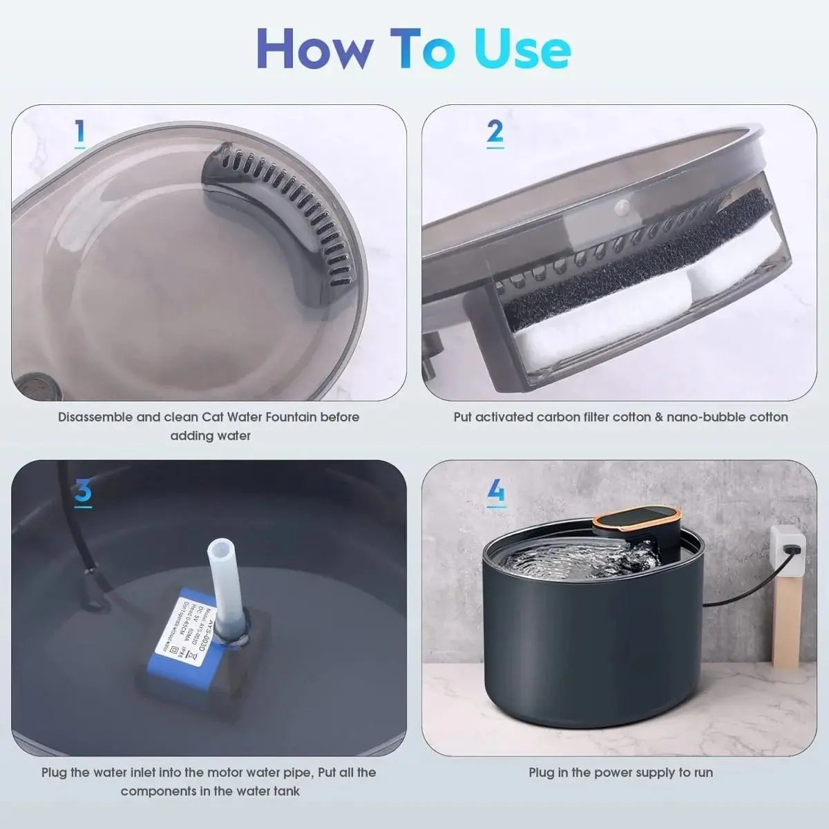 Automatic Cat Water Fountain with Water Level Window & Filter System