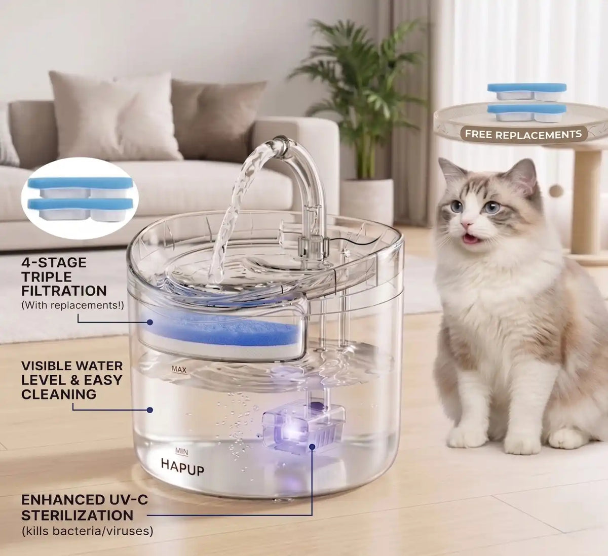 Automatic cat water fountain dispensing continuous flowing water for pet hydration.
