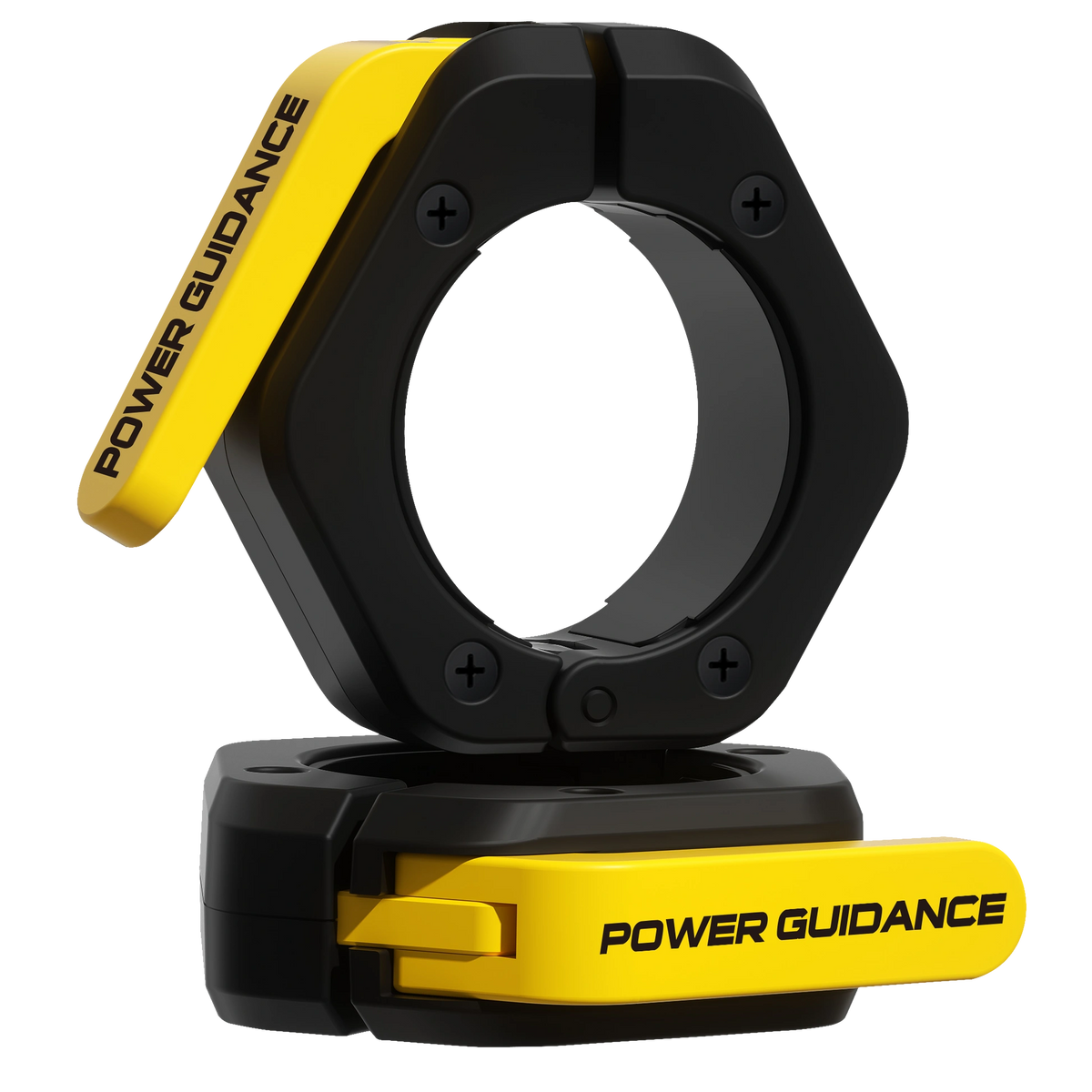 Heavy-duty quick release Olympic barbell collars locked securely onto a professional two-inch weightlifting bar sleeve.