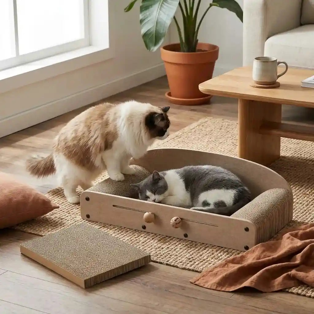 A cat resting on a curved, high-density corrugated cardboard sofa bed designed for scratching and lounging.