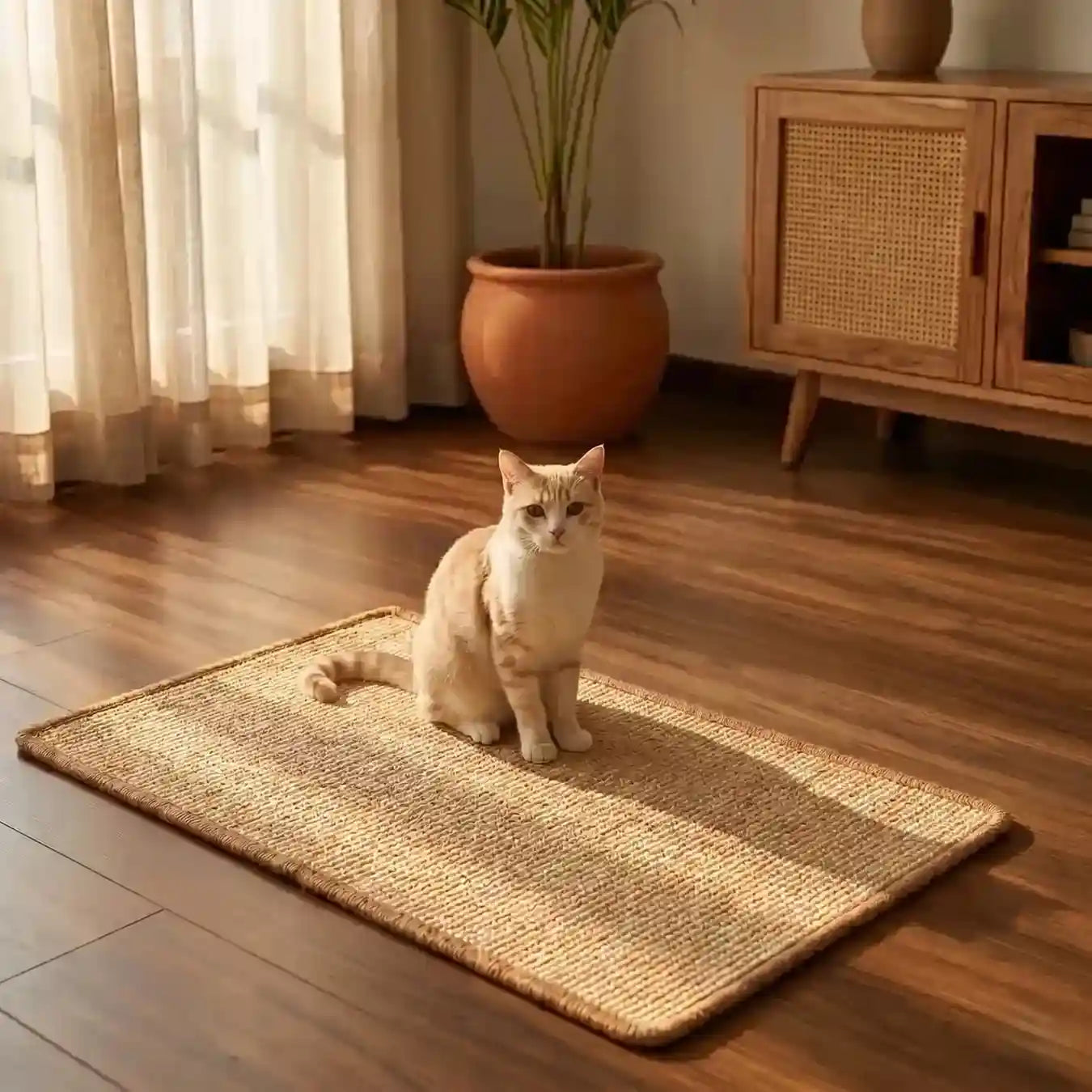 Durable natural sisal cat scratching mat placed flat on the floor to prevent furniture scratching.