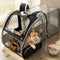 Expandable cat backpack in resting position with the rear mesh extension fully open