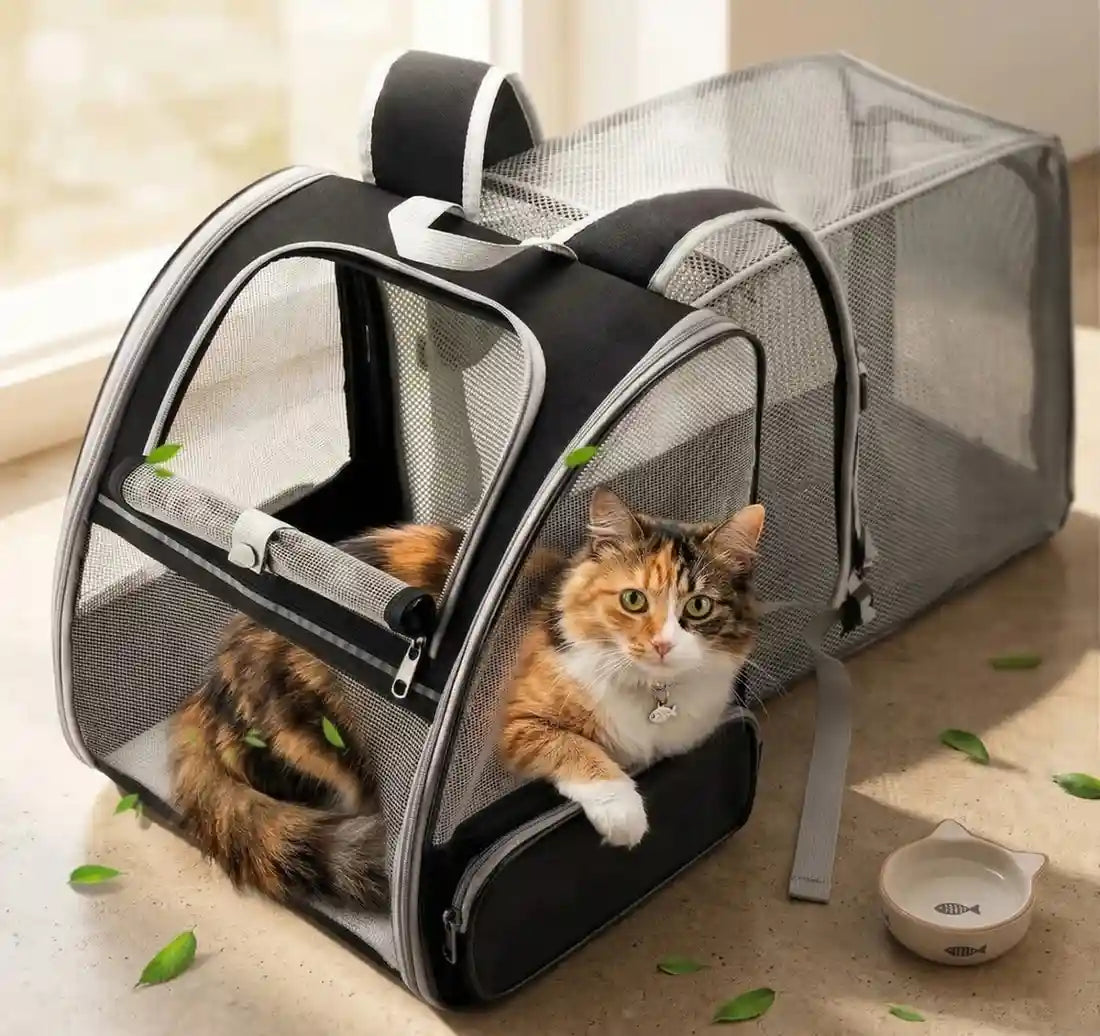 Expandable cat backpack in resting position with the rear mesh extension fully open