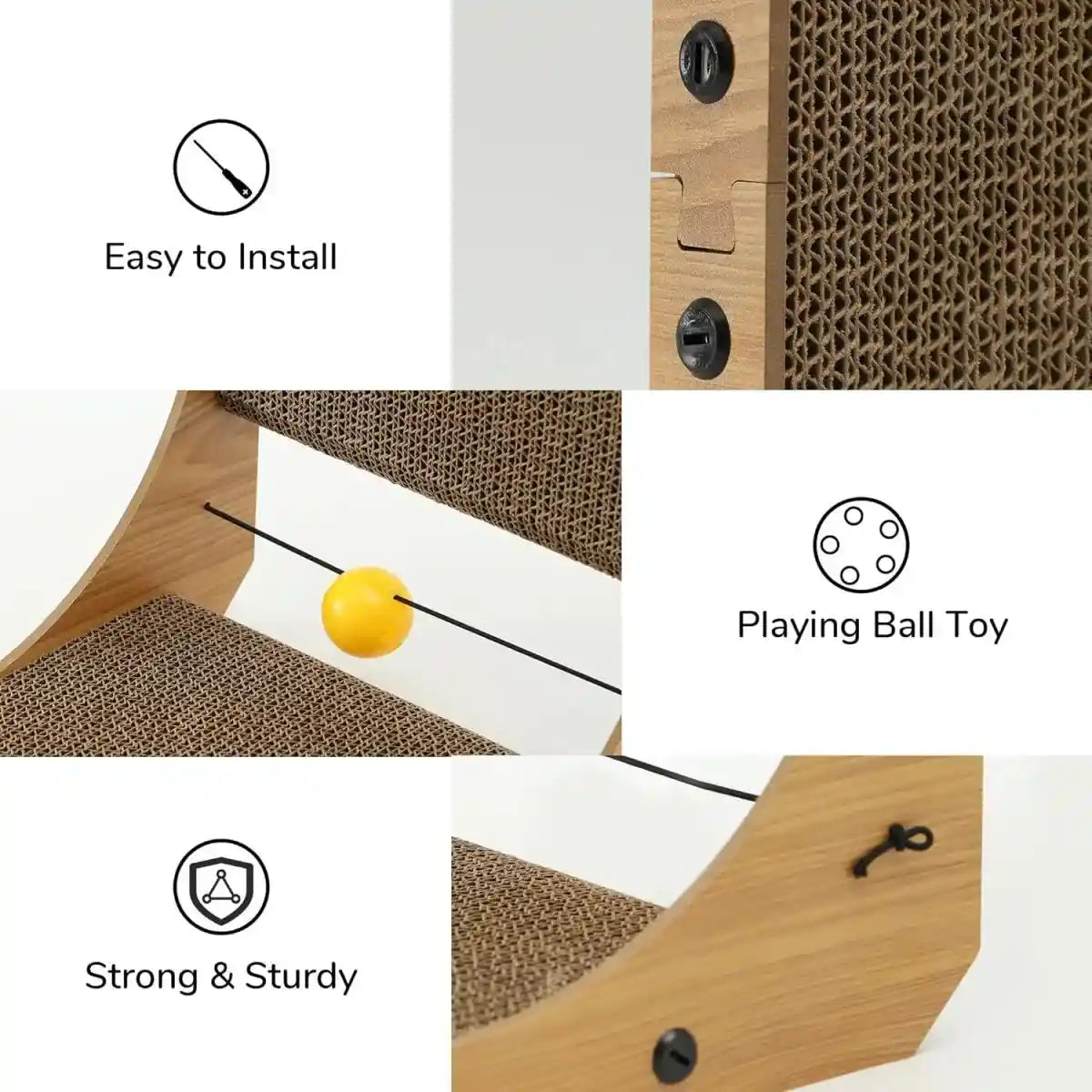 L-shape cat scratcher shown with its easy installation, playing ball toy and sturdy build labelled