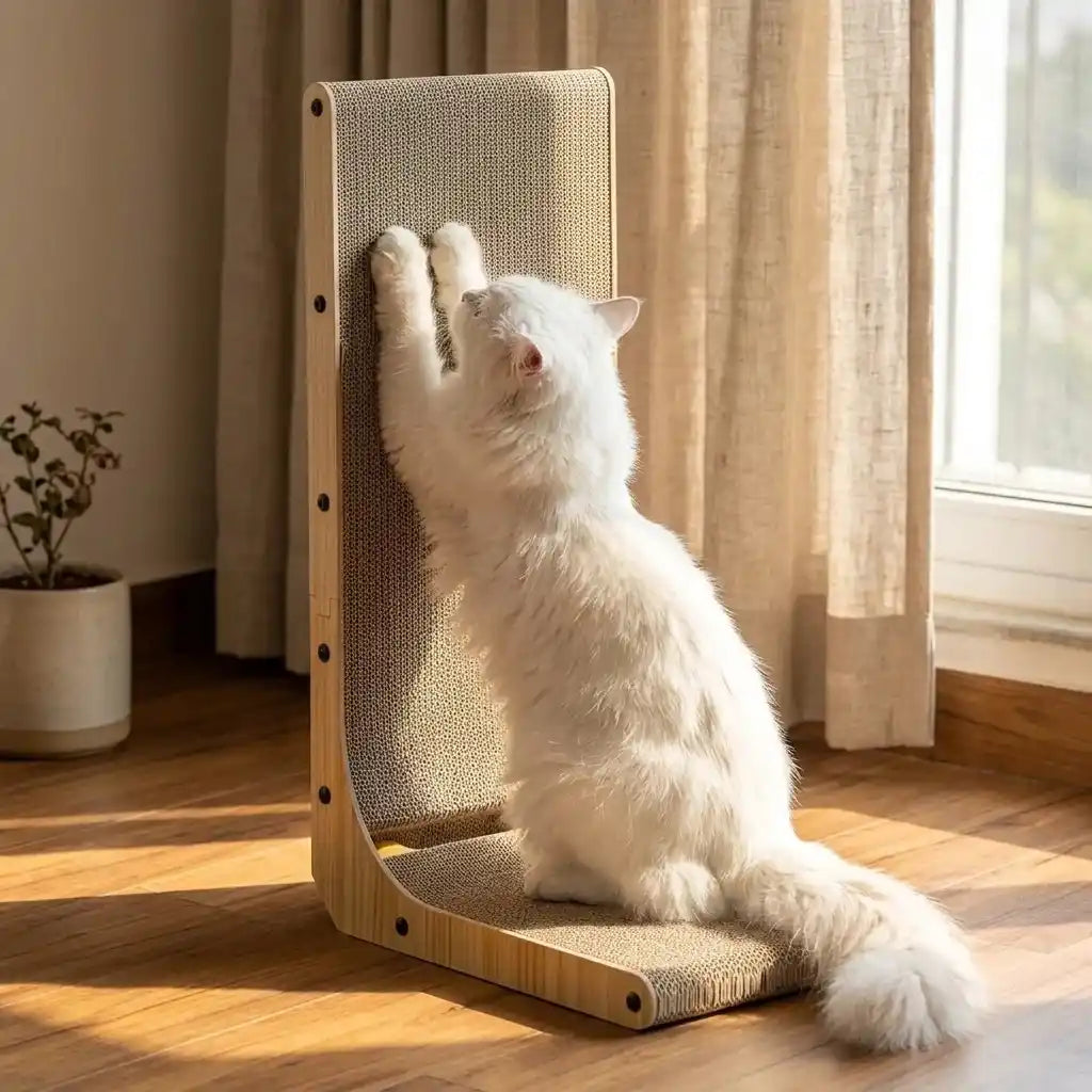L-shape corrugated cardboard cat scratcher positioned against a wall corner.