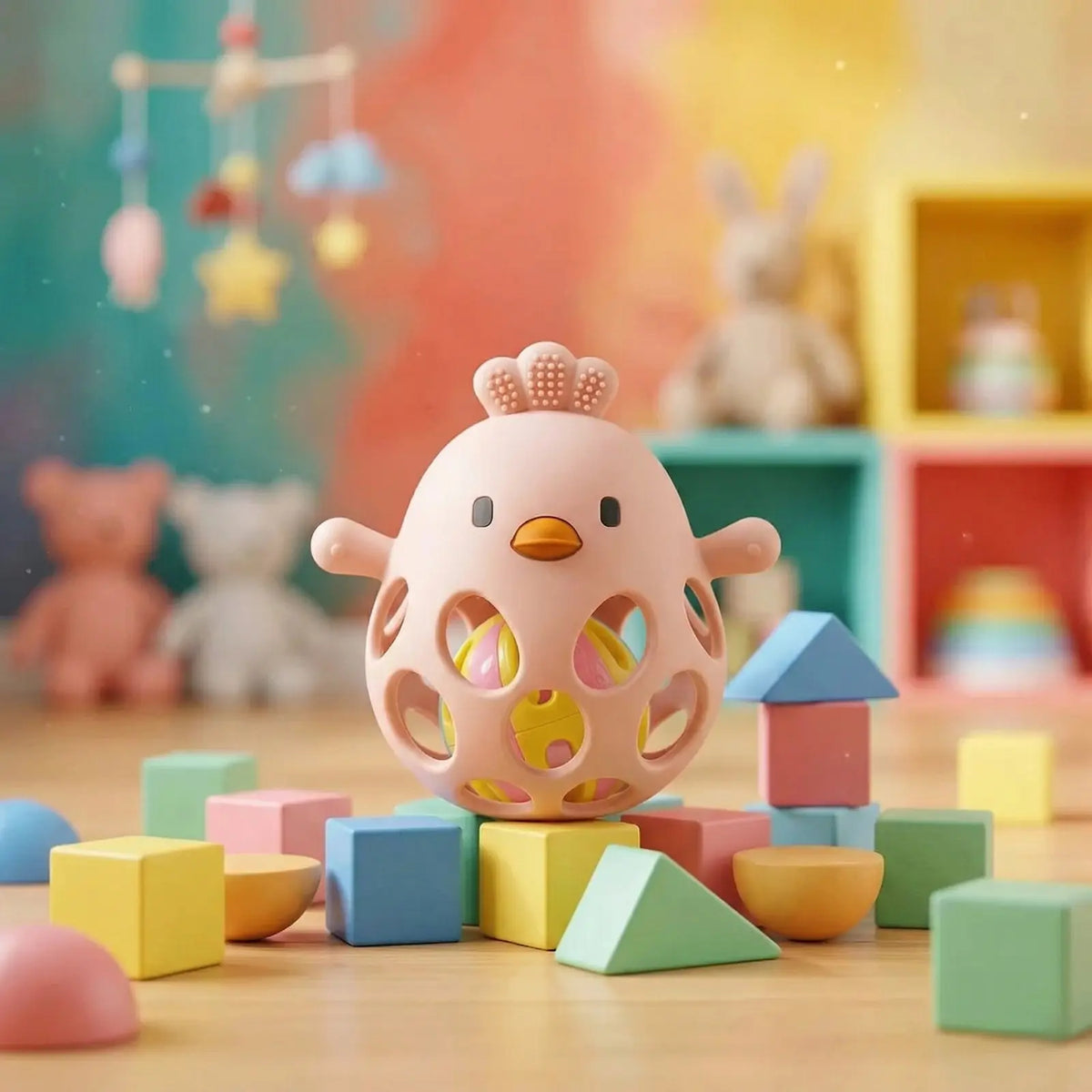 A colorful, lightweight silicone baby teething rattle ball designed for soothing gums and sensory development.