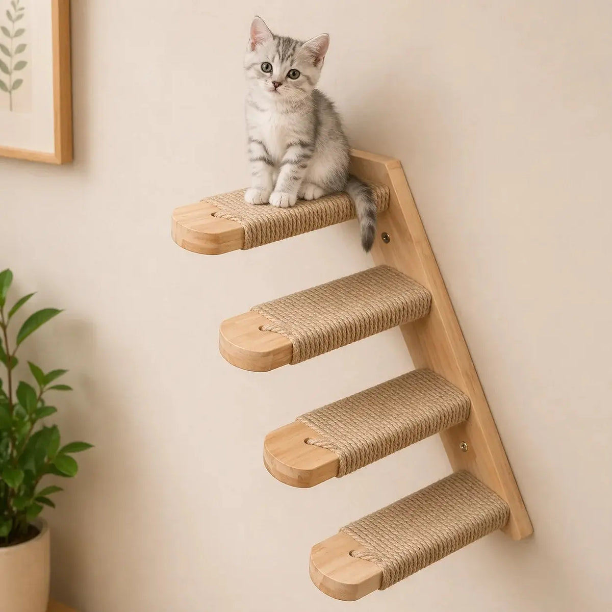 Sturdy wooden wall-mounted cat climbing shelf installed on a living room wall with a cat lounging safely.