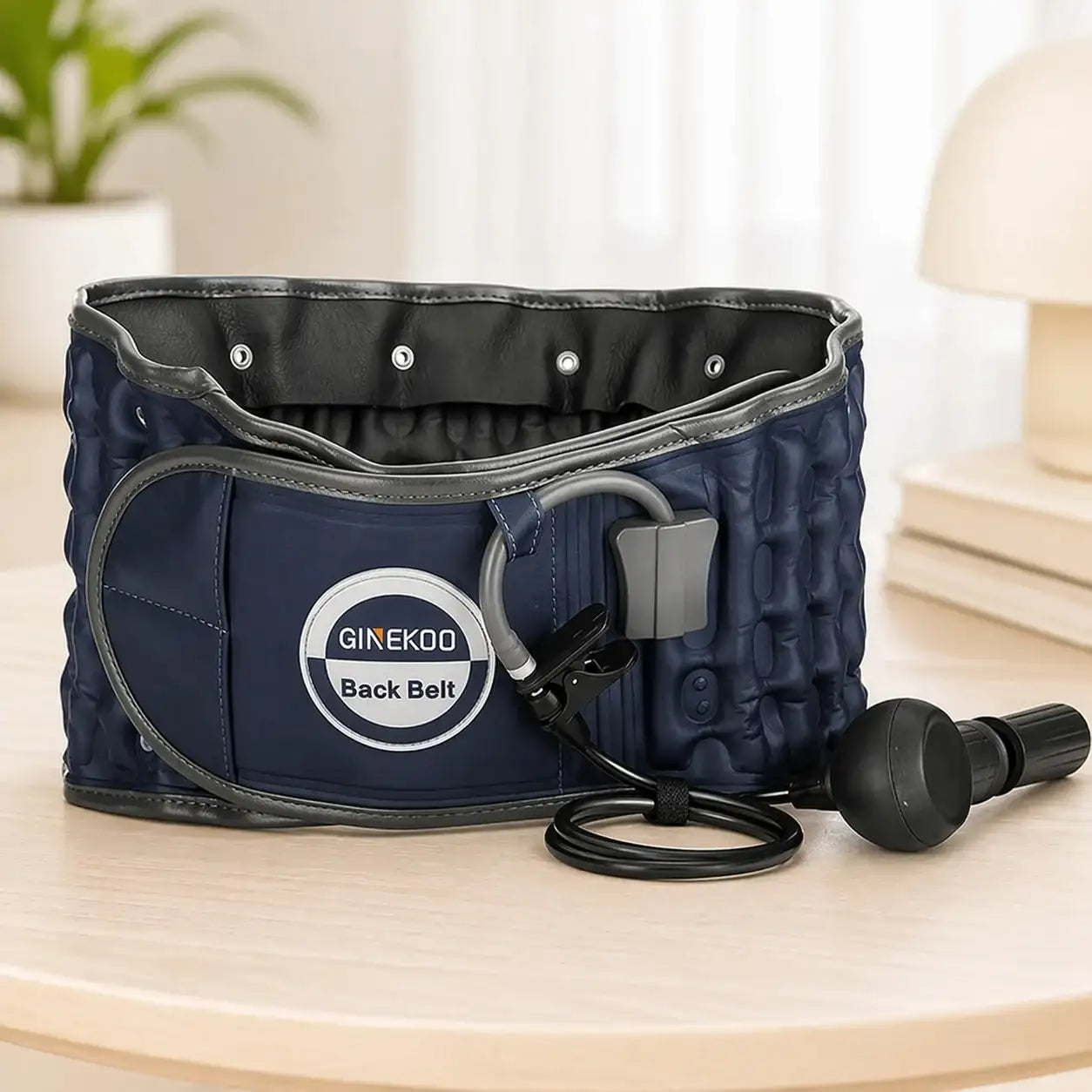 Person wearing an inflatable Ginekoo lumbar decompression support belt for back pain relief.