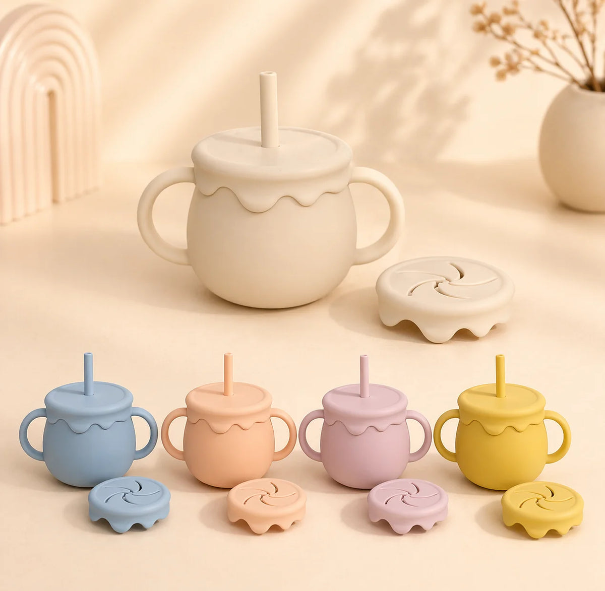 Ginbear 2-in-1 Silicone Baby Sippy Cup – Spill-Proof Straw Cup & Snack Container for Toddlers 1-3 Years