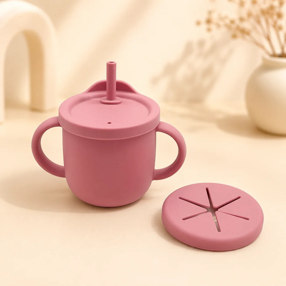 Ginbear 2-in-1 Silicone Baby Sippy Cup – Spill-Proof Straw Cup & Snack Container for Toddlers 1-3 Years