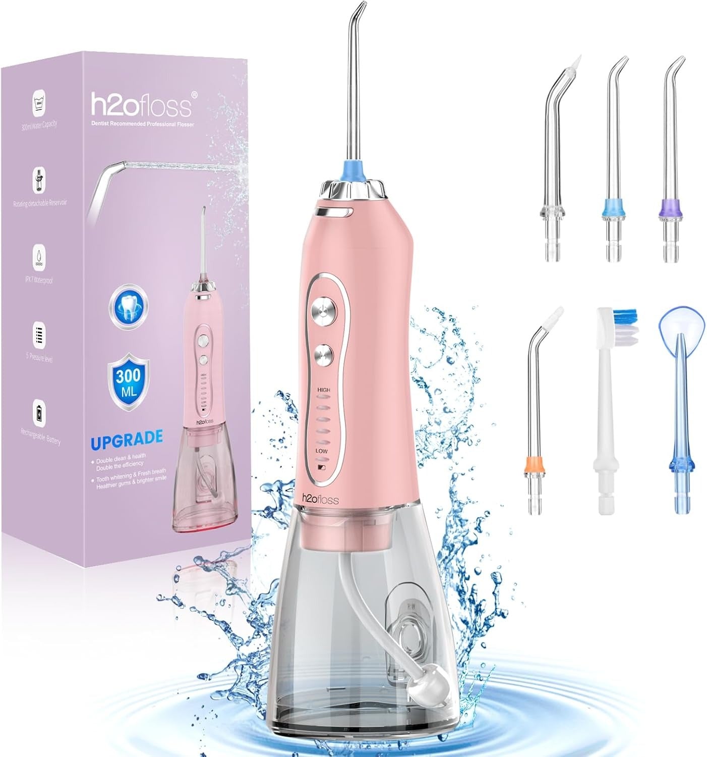 H2ofloss Cordless Water Dental Flosser – 5 Modes, Rechargeable IPX7 Waterproof Oral Irrigator with 300ml Tank for Home & Travel