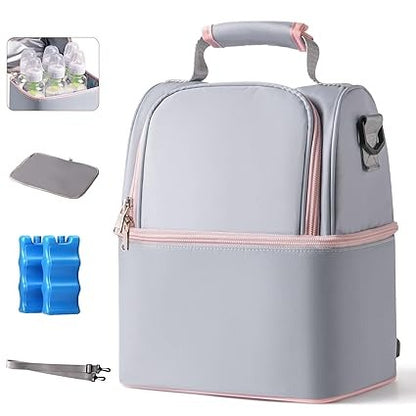 NCVI Breastmilk Cooler Bag with 2 Ice Pack, Breast Pump Bag with Cooler Fits 6 Bottles, Double Layer Breast Milk Travel Bag Baby Bottle, for Travel, Nursing Mom Daycare, Work, Picnic